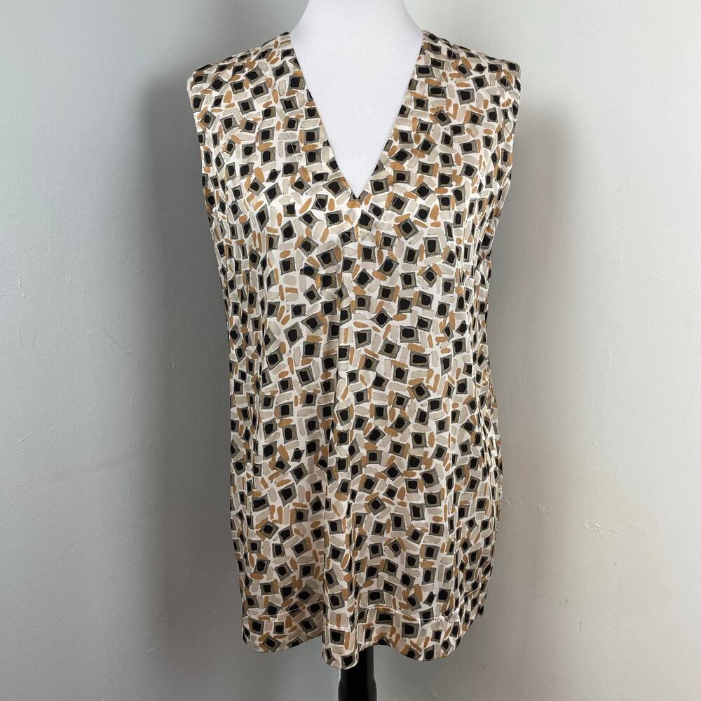 Kangra Ikat Print Silk Sleeveless V Neck Blouse Size 46 US 10 Large Oversized